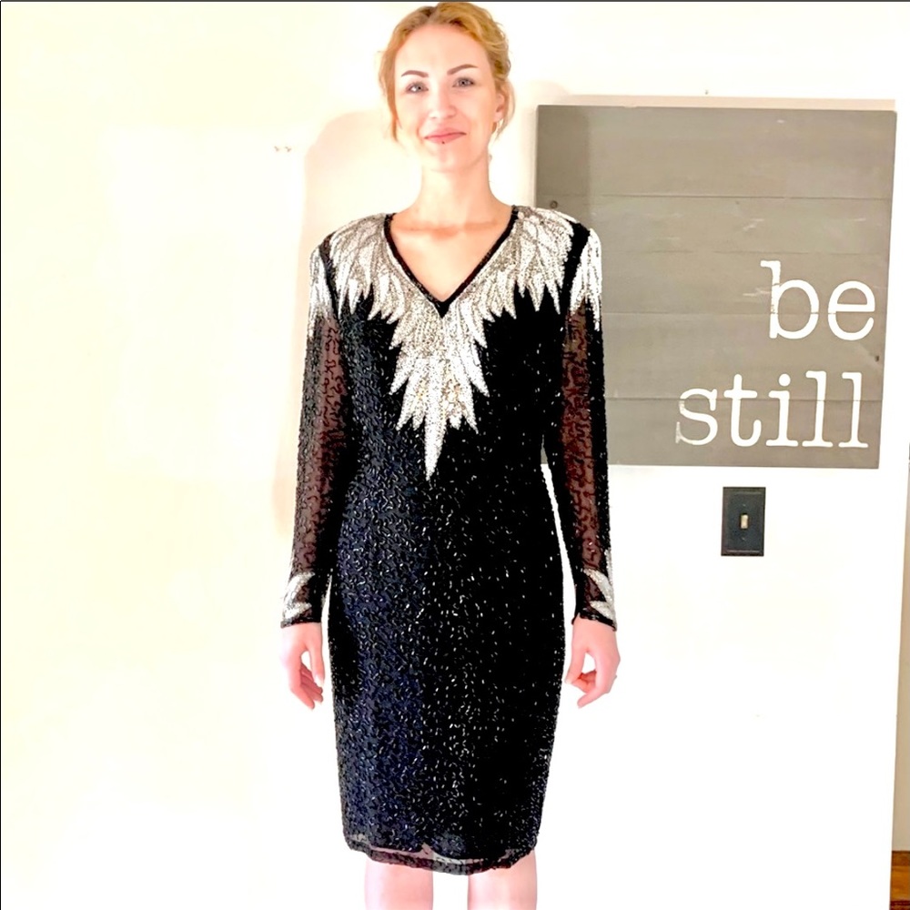 Vintage Oleg Cassini BLACK TIE  Formal SILK Gown Occasion Event Evening Sequined - Picture 9 of 16